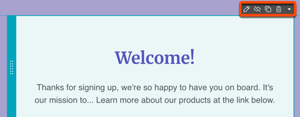 Screenshot of the email editor showing module hovering options