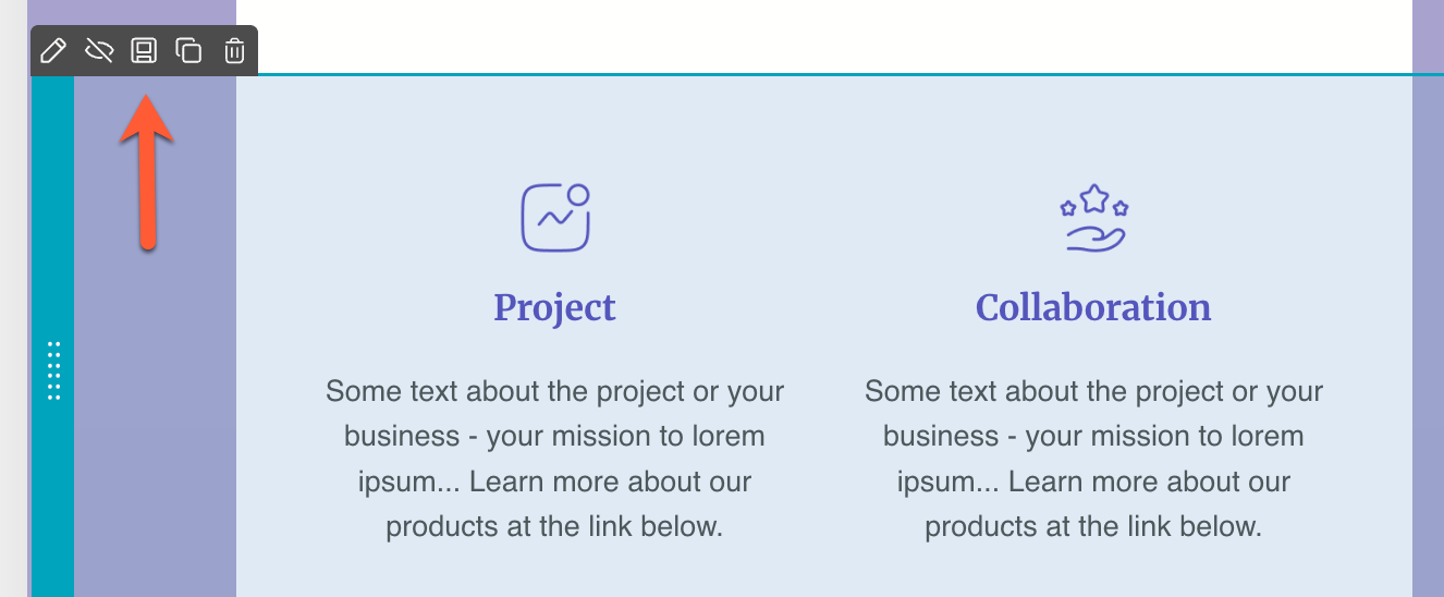 The save icon highlighted on a section within the editor