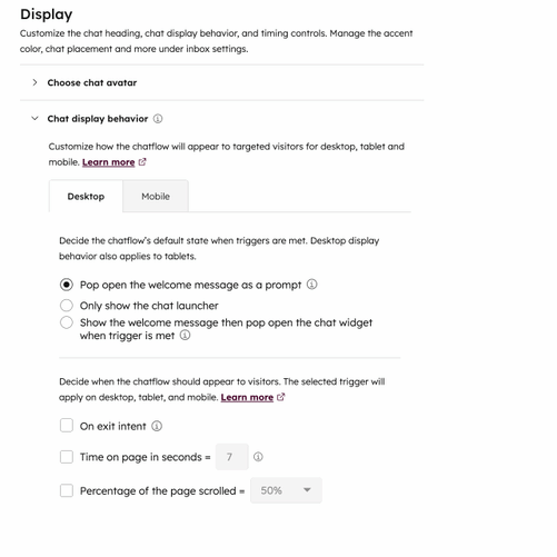 A gif showing chat display behavior options in the chatflow editor.