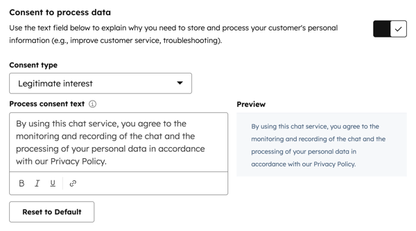 The chatflow editor, displaying the option to configure consent to process data.